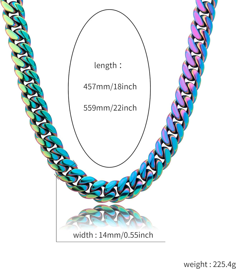 YOSZO Colorful Cuban Link Necklace 10,14mm Stainless Steel Solid Rainbow Gold Silver Hip Hop Miami Cuban Chunky Thick Chain Necklace For Men Women