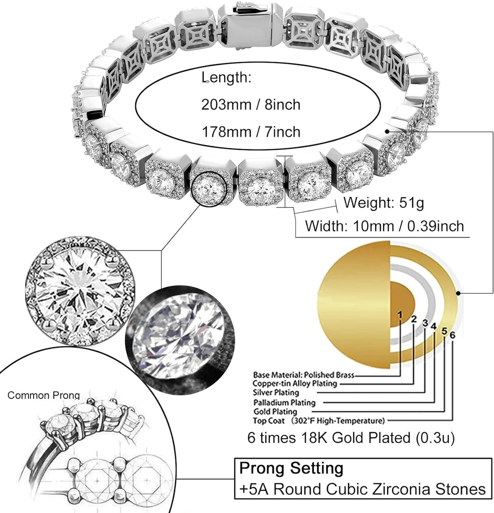 YOSZO Mens Bracelet 10MM Tennis Bracelets for Women 18K Gold Plated Iced Out CZ 1 Row Diamond Tennis Chain Silver Bracelet Gift