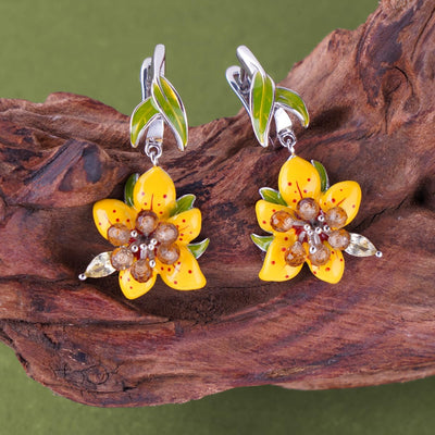 Tropical Botanical Drop Earrings for Women, Copper Earrings with Multicolor Zirconia, Nature Inspired Daily Wear Jewelry Gift