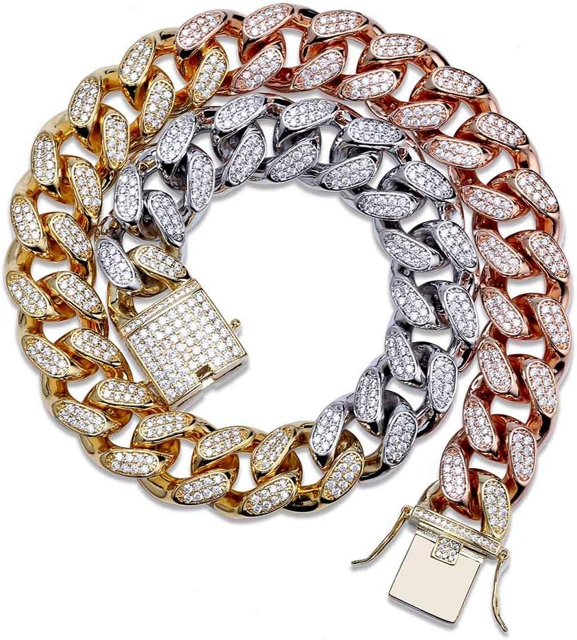 YOSZO 14mm/18mm 18K Gold Plated Iced Out CZ Lab Diamond Miami Mens Choker Cuban Link Chain for Women Necklace Hip Hop