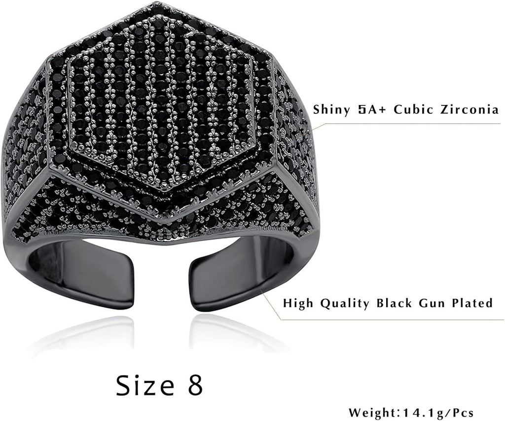 YOSZO Men Ring Black Pinky Hexagon Ring for Men Women Iced Out Cubic Zirconia Cluster Diamond Wedding Band Ring Hip Hop Jewelry (Size 8)