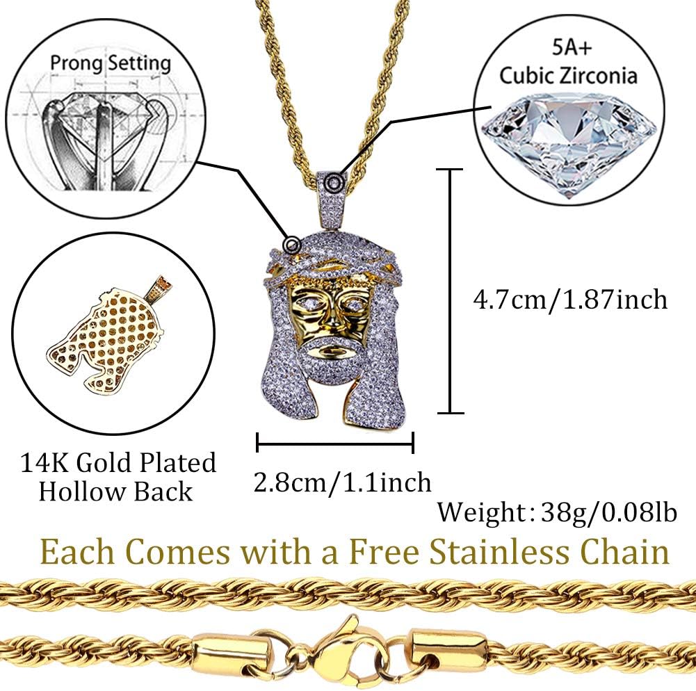 YOSZO Jesus Pendant Necklace Rope Gold Chain for Men Iced out 14K Gold Plated Simulated Diamond Chain Stainless Steel Chain 24 inch