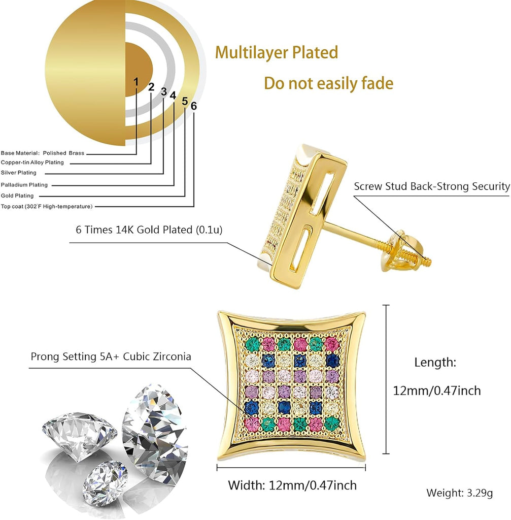 YOSZO Square Screw Stud Earrings 5A+ Corlorful Cubic Zirconia 14K Gold Sparkle Hypoallergenic Screw Stud Square Flat Earrings For Men Women