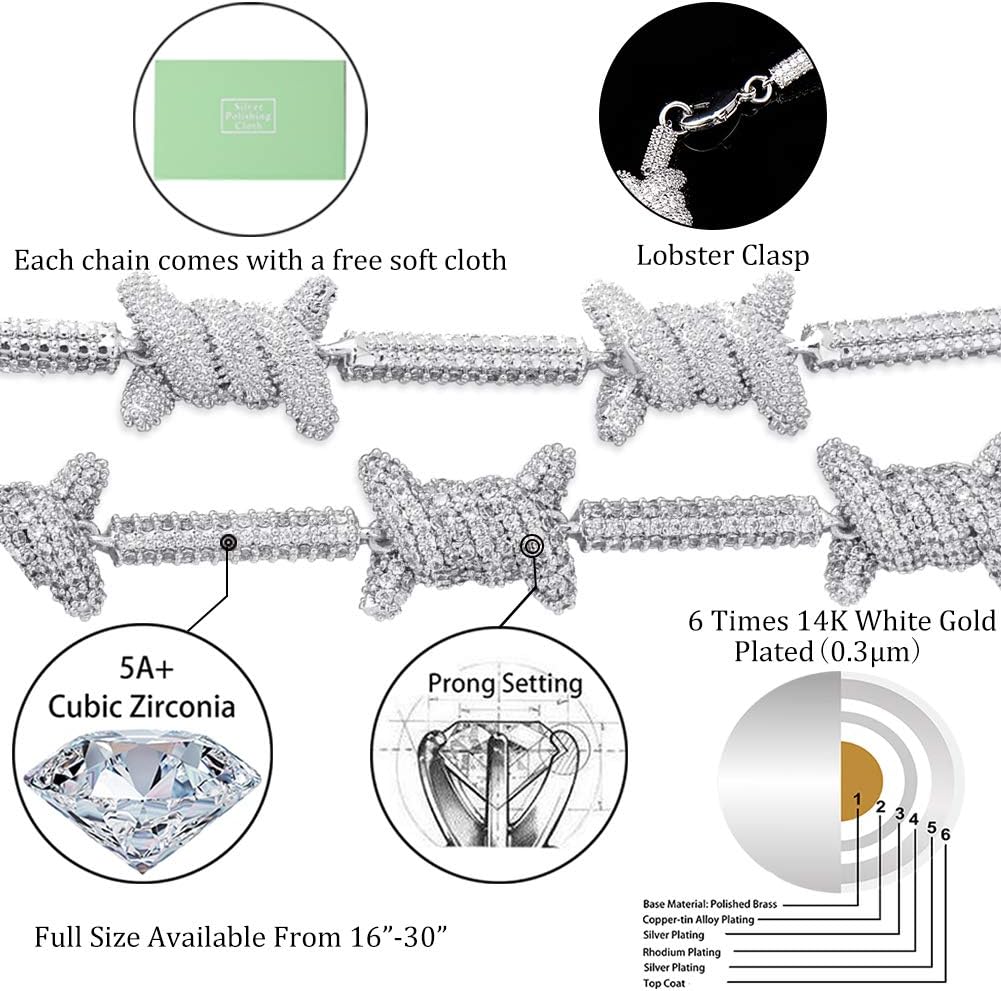 YOSZO 10mm Iced out Barbed Wire Link Chain 6 Times 14K Gold Filled Necklace for Men Hip Hop Rapper Accessory