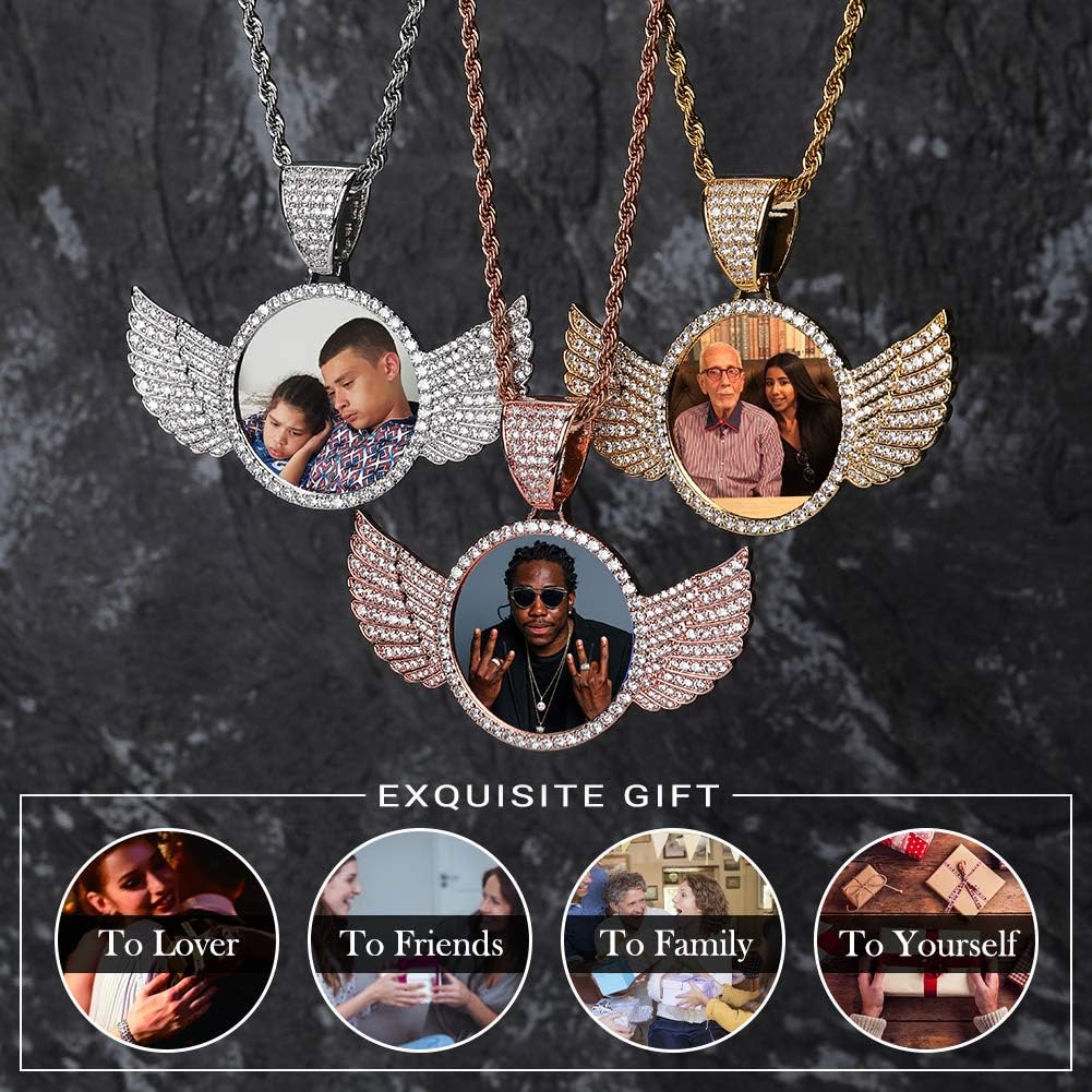 YOSZO Picture Necklace Personalized Photo Pendant for Men Women Iced Out Angel Wings Heart Custom Necklace with Tennis Chain