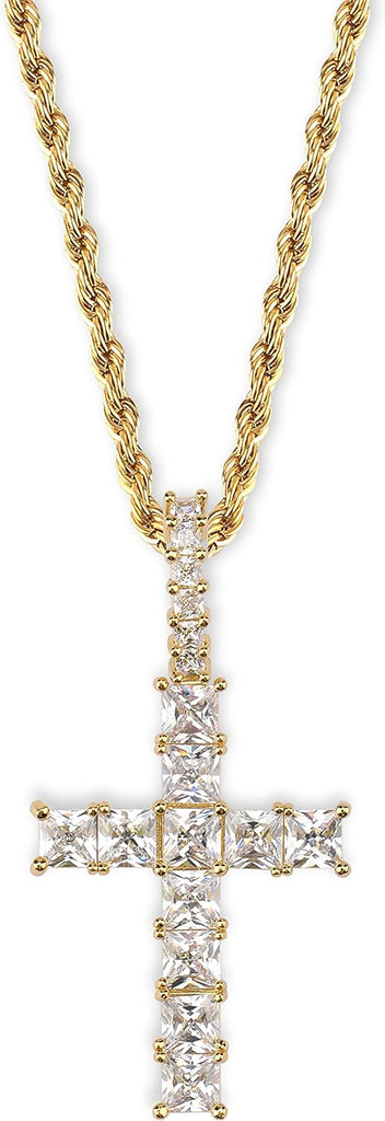 YOSZO Cross Necklace Men Gold Princess Diamond Cross Chain Iced out 14K Gold Plated Cubic Zirconia Pendant Necklace for Women 24 Stainless Steel Chain Gold Jewelry