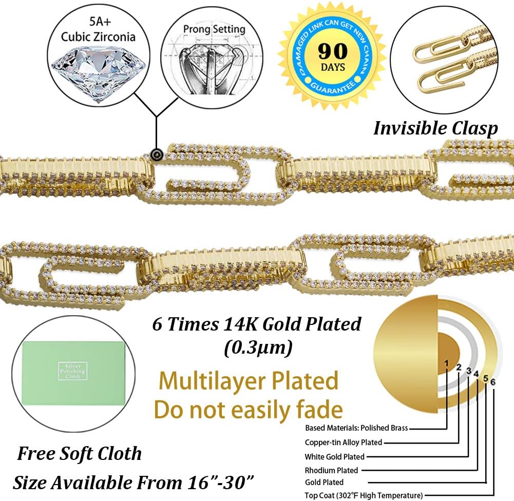 YOSZO 10mm 14K Gold Filled Iced out Paperclip Link Chain for Men Women Choker Necklace Novelty Design 16”,18”,20”,22”,24”