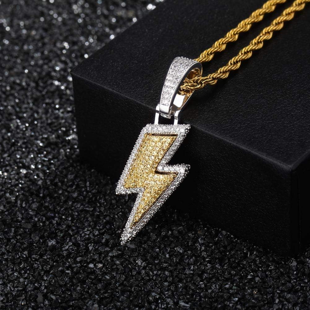 YOSZO Hip Hop Lightning Bolt Design Pendant 18k Gold Plated Iced Out Cubic Zirconia Pendant Necklace with Micropave Simulated Diamond for Men Women