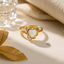 Load image into Gallery viewer, Adjustable Heart Opal Ring for Women, 14K Gold Plated 925 Sterling Silver, Heart-Shaped Synthetic Opal with Green &amp; Clear Zirconia Halo, Size 7 Romantic Jewelry Gift