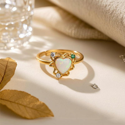 Adjustable Heart Opal Ring for Women, 14K Gold Plated 925 Sterling Silver, Heart-Shaped Synthetic Opal with Green & Clear Zirconia Halo, Size 7 Romantic Jewelry Gift