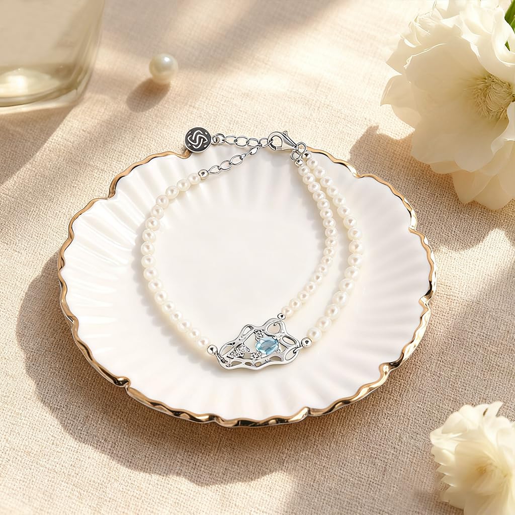 Blue Topaz Birthstone Bracelet for Women, December Birthstone 925 Sterling Silver Wave Pendant, Adjustable Bead Bracelet Ocean Inspired Jewelry Gift