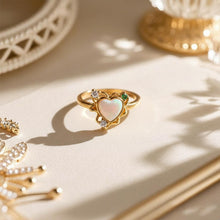 Load image into Gallery viewer, Adjustable Heart Opal Ring for Women, 14K Gold Plated 925 Sterling Silver, Heart-Shaped Synthetic Opal with Green &amp; Clear Zirconia Halo, Size 7 Romantic Jewelry Gift
