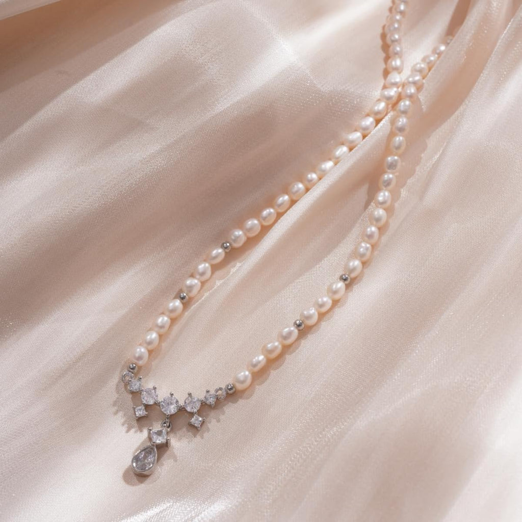 Pearl Necklace for Women, Silver Plated Brass Chain with Freshwater Pearl Beads & Geometric Zirconia Pendant, Adjustable Gift for Her