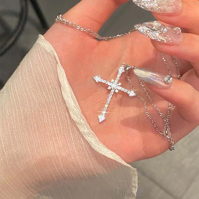 Silver Crystal Pray Cross Necklace Choker Chain CZ Stone Star Cross Pendant Necklace Crucifix Pendant Star Cross Charm Necklace Jewelry Gift for Women Girls