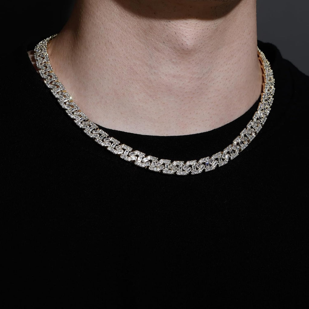 YOSZO Cuban Link Chain for Men Gold Jewelry Silver Baguette Diamond Miami Choker Necklace for Women 9mm Iced out 14K Gold Plated Gifts for Women