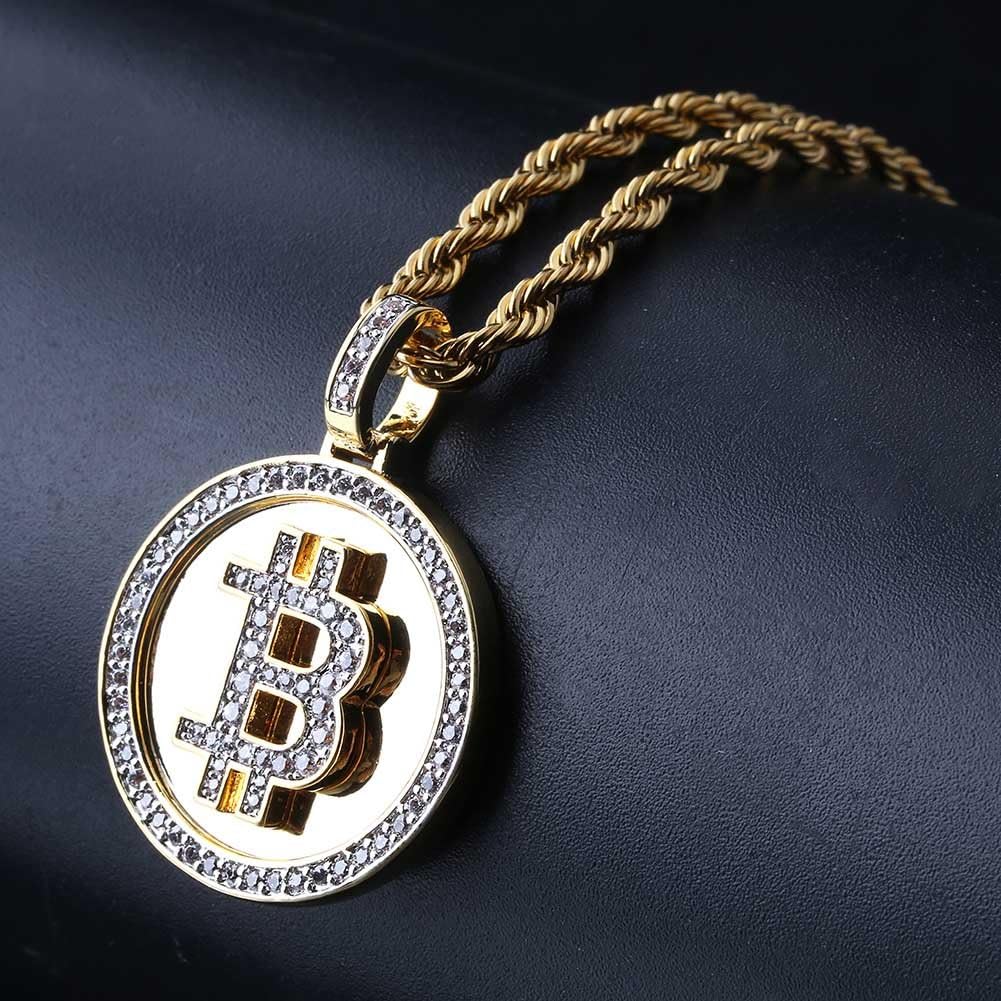 YOSZO Gold Pendant Necklace Men Rope Bitcoin Chain Iced out 14K Gold Plated Cryptocurrency Gold Necklace for Women Stainless Steel Necklace