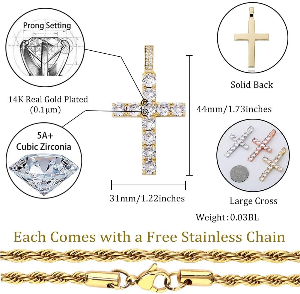 YOSZO Cross Necklace for Men Gold Necklace for Women Gold Heart Cross Jewelry 14K Silver Plated Solid Iced Cubic Zirconia Stainless Steel Pendant Chain