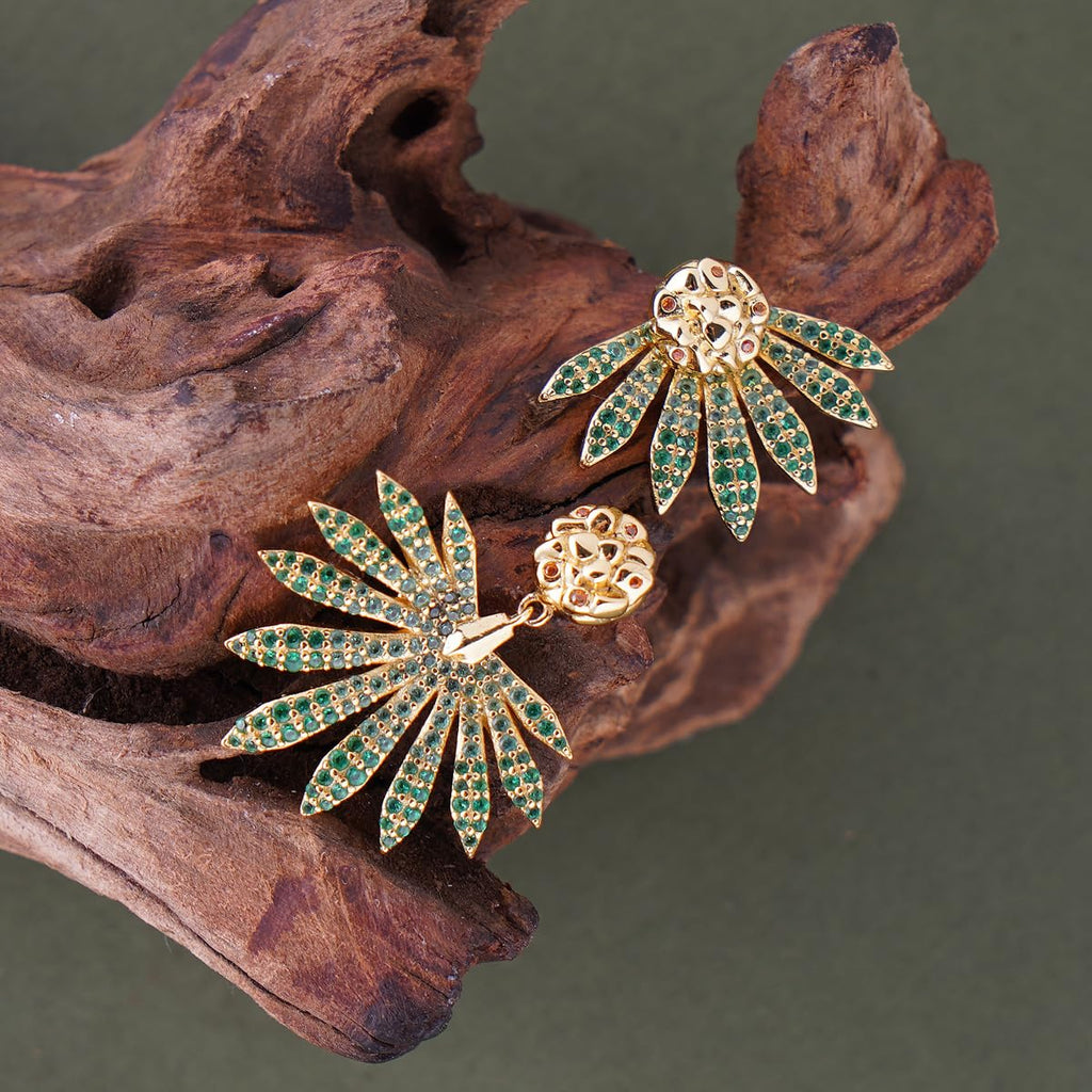 Stud Earrings for Women, 14K Gold Plated Sterling Silver Leaf Shape Earrings with Green Zircon, Tropical Rainforest Collection, Minimalist Nature Inspired Jewelry Gift