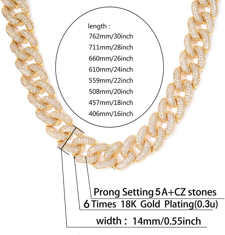 YOSZO Hip Hop 14K Gold Filled 14mm Miami Cuban Link Chains Necklace 6 Times Gold Plated Iced Out Paved Bling Round CZ for Men