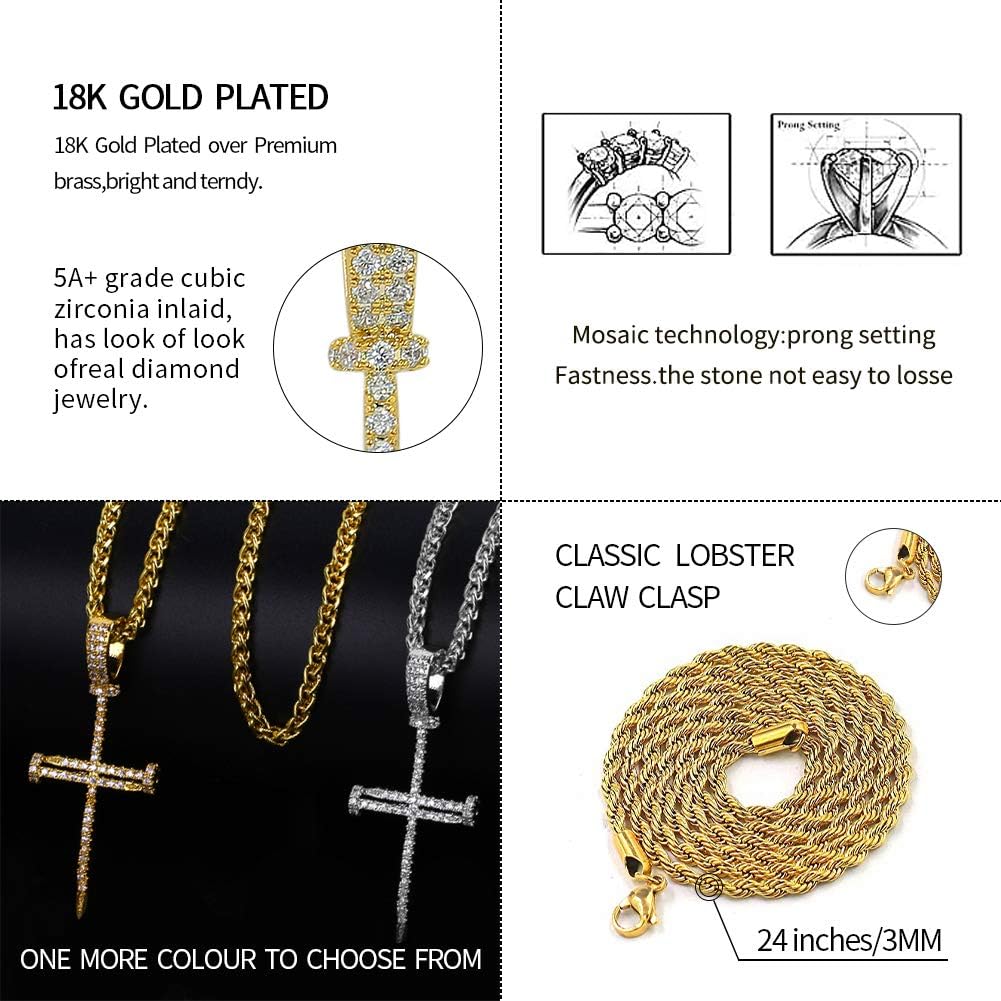 YOSZO 18K Gold Plated Iced Out Cubic Zirconia Classic Ankh Nail Mini Cross Egyptian Pendant Necklace Hip Hop Jewelry for Men Women with Stainless Rope Chain