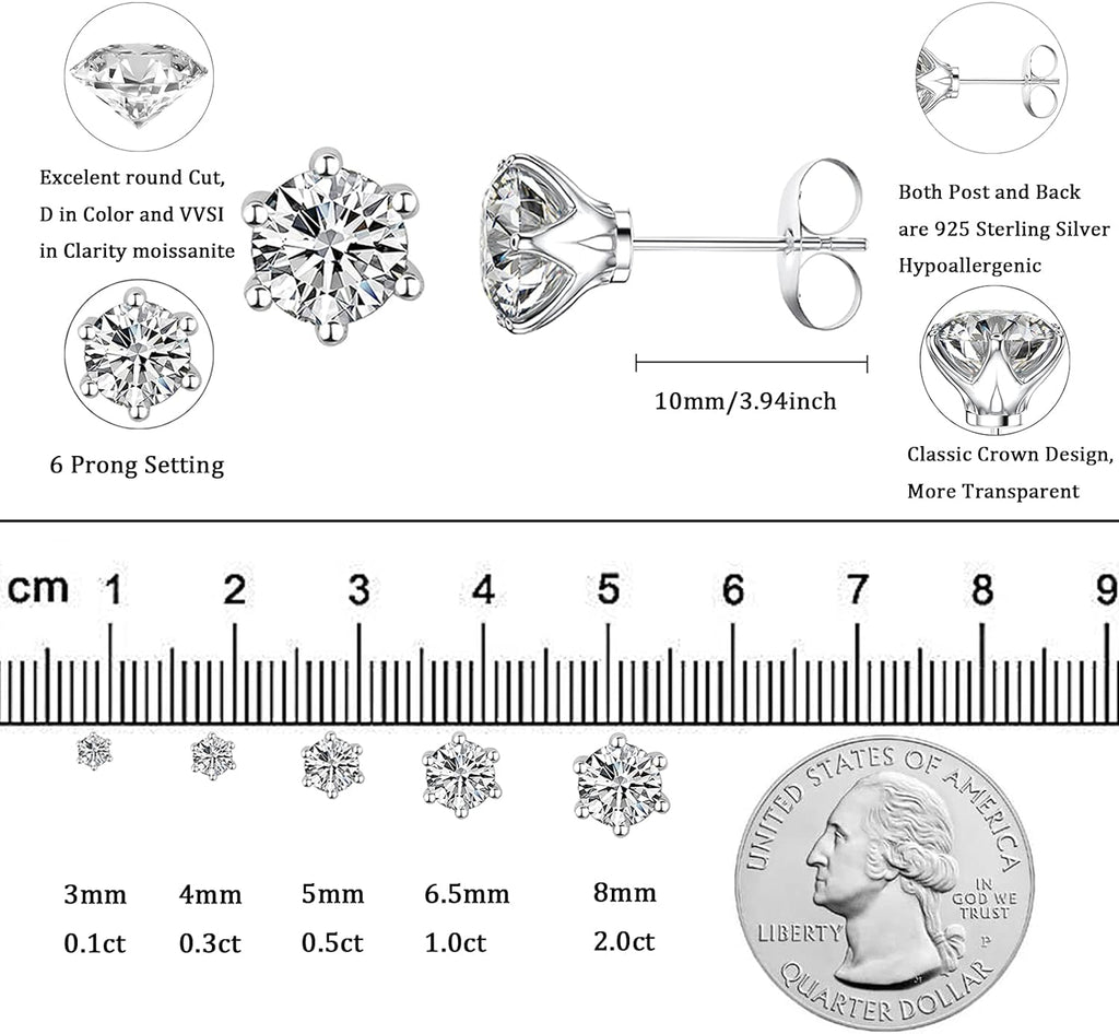 YOSZO Moissanite Stud Earrings 0.2-4.0 Carat Round Brilliant Cut Moissanite Sterling Silver Earrings Set for Women and Men Include Gift Box