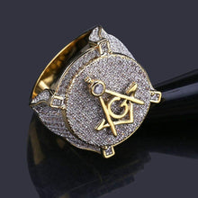 Laden Sie das Bild in den Galerie-Viewer, YOSZO Freemason Rings for Men Gold Masonic Ring Iced out Hip Hop 14K Gold Plated Punk Diamond Ring Rapper Costume