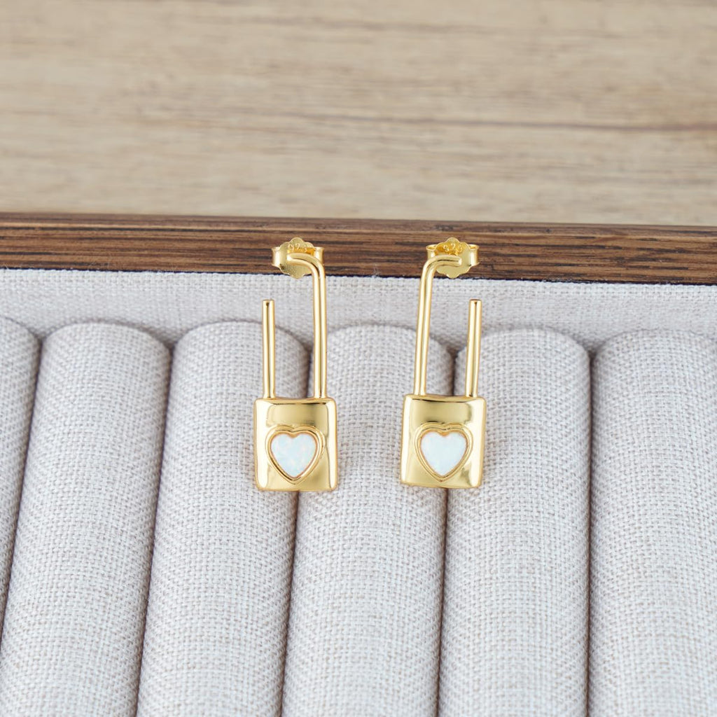 Promise Lock Stud Earrings for Women, 14K Gold Plated 925 Silver Heart Opal Earrings, Romantic Valentine's Day Gift for Girlfriend Wife, Minimalist Love Jewelry