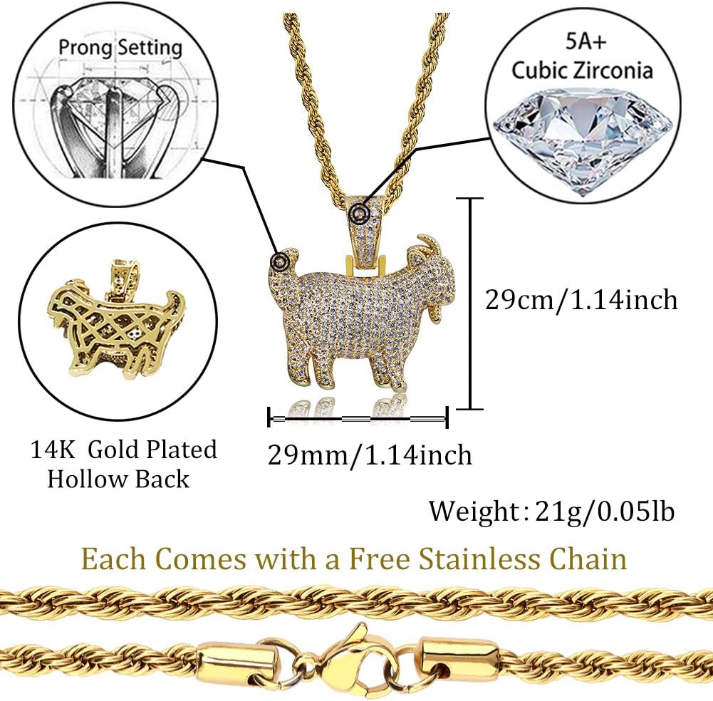 YOSZO Goat Chain Gold Necklace for Men Eagle Chain Rope Iced out Cubic Zirconia 14K Gold Plated Stainless Steel Necklace 24" Birthday Gifts