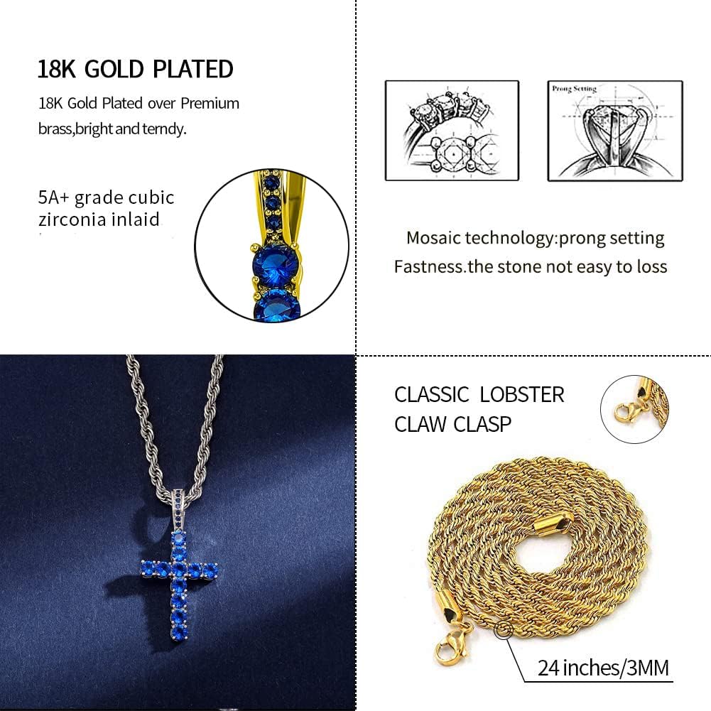 YOSZO 18K Gold Plated Iced Out Cubic Zirconia Classic Ankh Nail Mini Cross Egyptian Pendant Necklace Hip Hop Jewelry for Men Women with Stainless Rope Chain