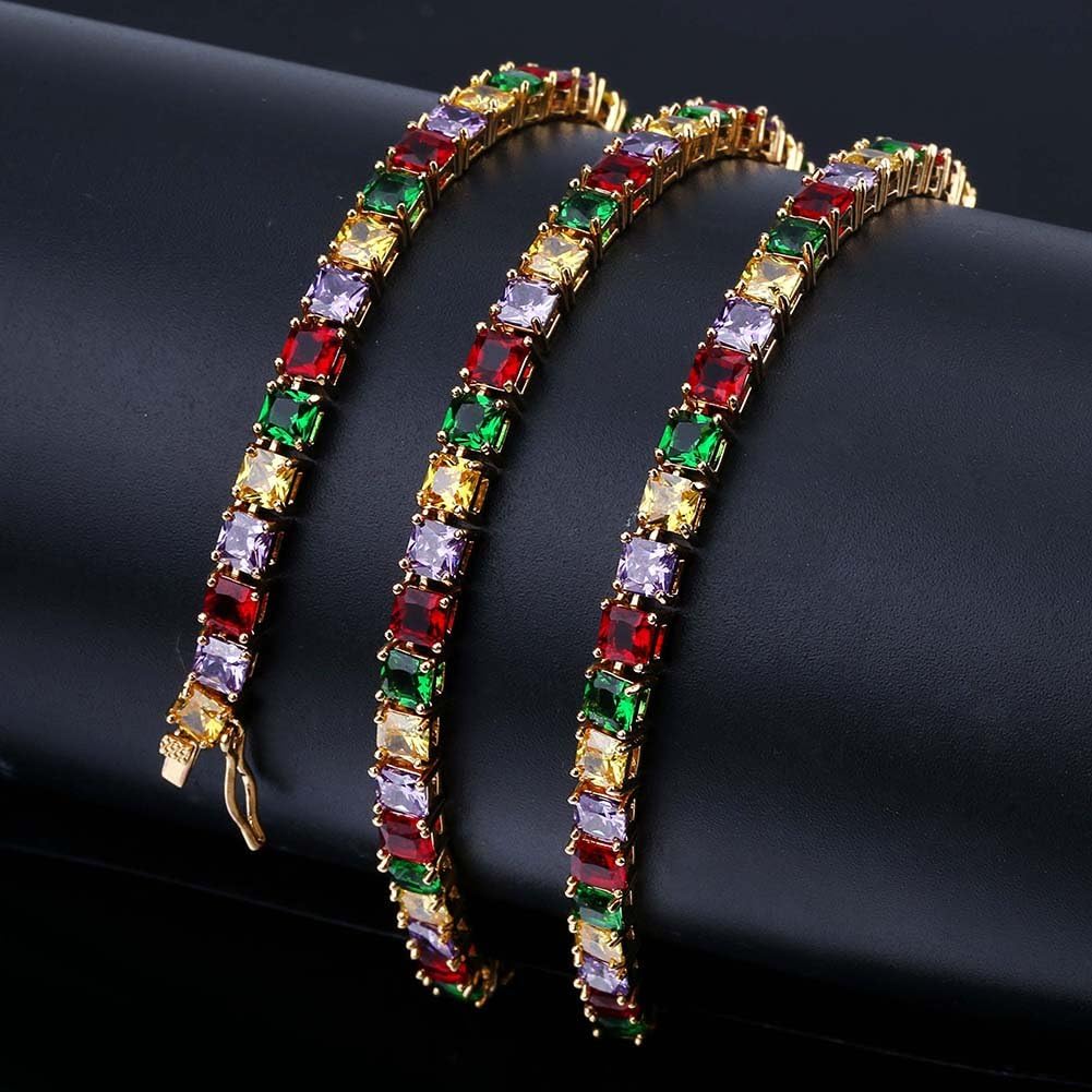 YOSZO 1 Row 4MM Gold Silver Plated Diamond Iced Out Chain Macro Pave Rainbow Square CZ Hip Hop Tennis Necklace and Bracelet