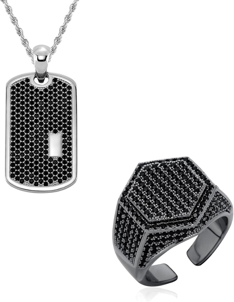 YOSZO 1 Set Black Jewelry Dog Tag Pendant and Open Ring Iced Out Cubic Zirconia Jewelry for Men Women Hip Hop Jewelry