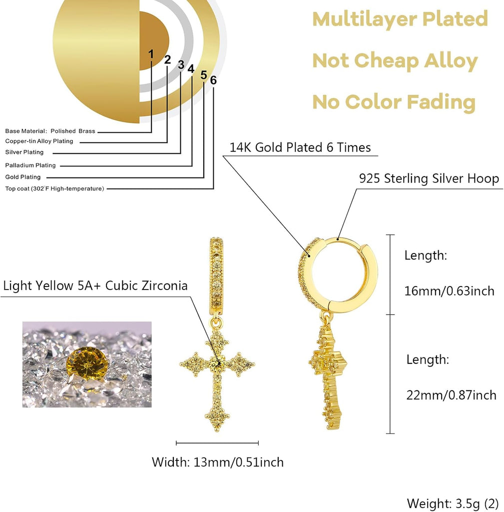YOSZO Cross Hoop Dangle Earrings 14K Black Silver 5A+ Cubic Zirconia Cartilage Hypoallergenic Sterling Silver Cross Dangle Drop Earrings For Men Women-Yellow Gold