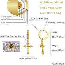 Charger l&#39;image dans la galerie, YOSZO Cross Hoop Dangle Earrings 14K Black Silver 5A+ Cubic Zirconia Cartilage Hypoallergenic Sterling Silver Cross Dangle Drop Earrings For Men Women-Yellow Gold