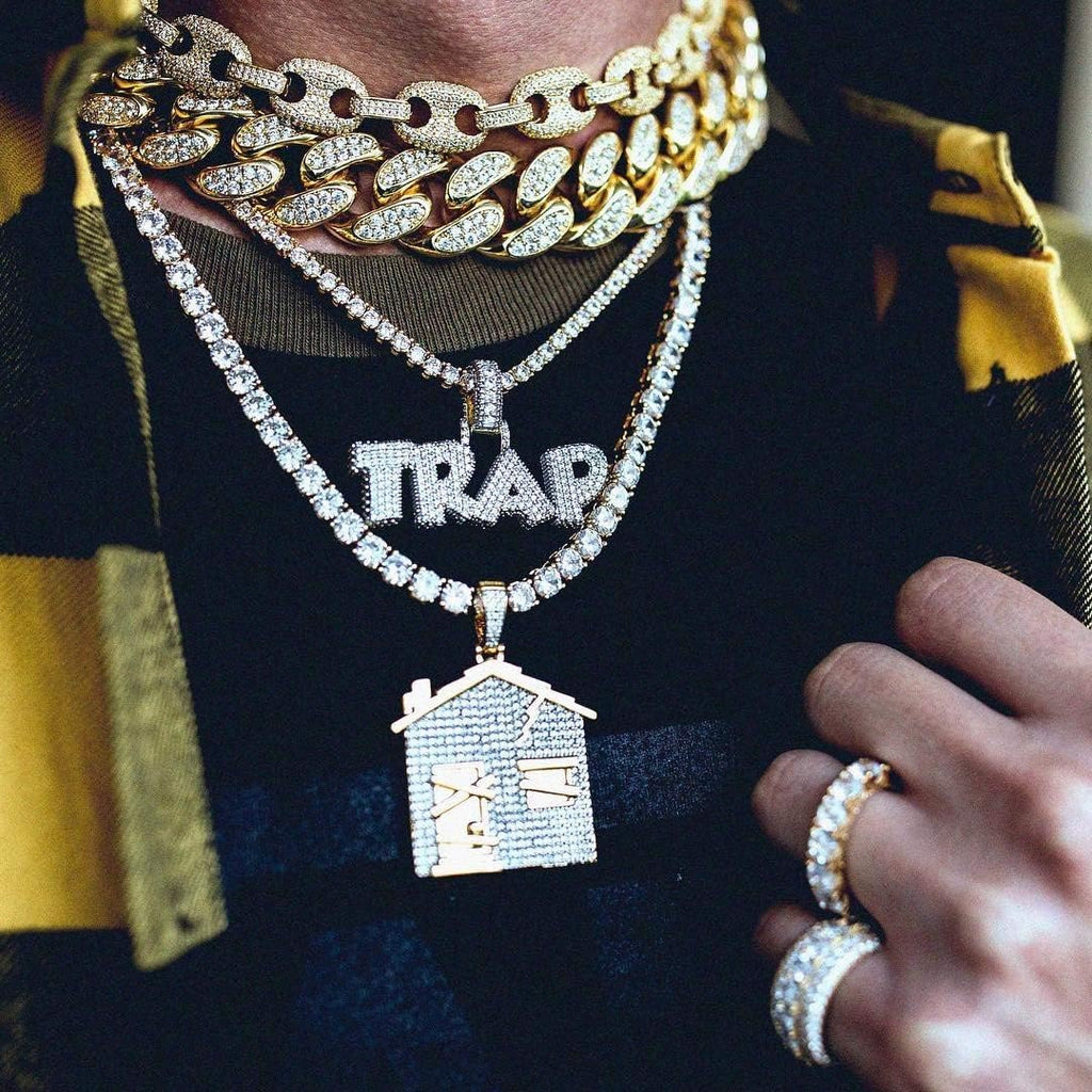 YOSZO Hip Hop Iced Out Trap Letter Pendant 14K Gold Plated Simulated Diamond Cubic Zirconia Bubble Chain Necklace for Men Women Gift