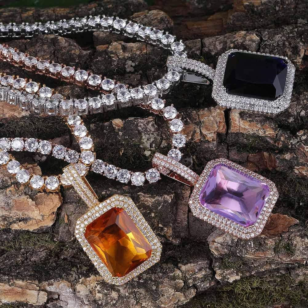 YOSZO Hip Hop 6 Colors Solitaire Pendant Cubic Zirconia Halo Pendant Necklace with Solid Back…