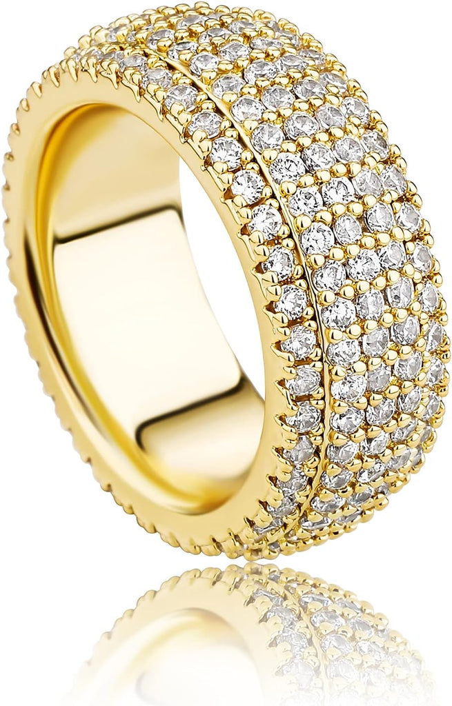 YOSZO 9mm 5Rows 14K Gold Plated Iced Out Lab Simulated Diamond Cubic Zirconia Eternity Wedding Band Ring for Men Women