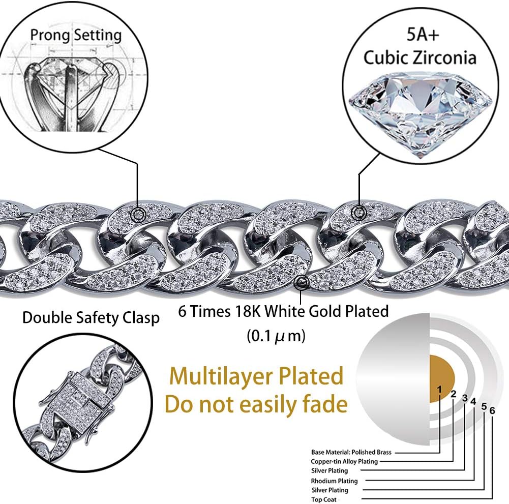 YOSZO 14mm 18K Gold Plated Prong Setting Iced Out Miami Cuban Link Chain Choker Necklace for Men and Women Hip Hop(14mm White Gold, 18)