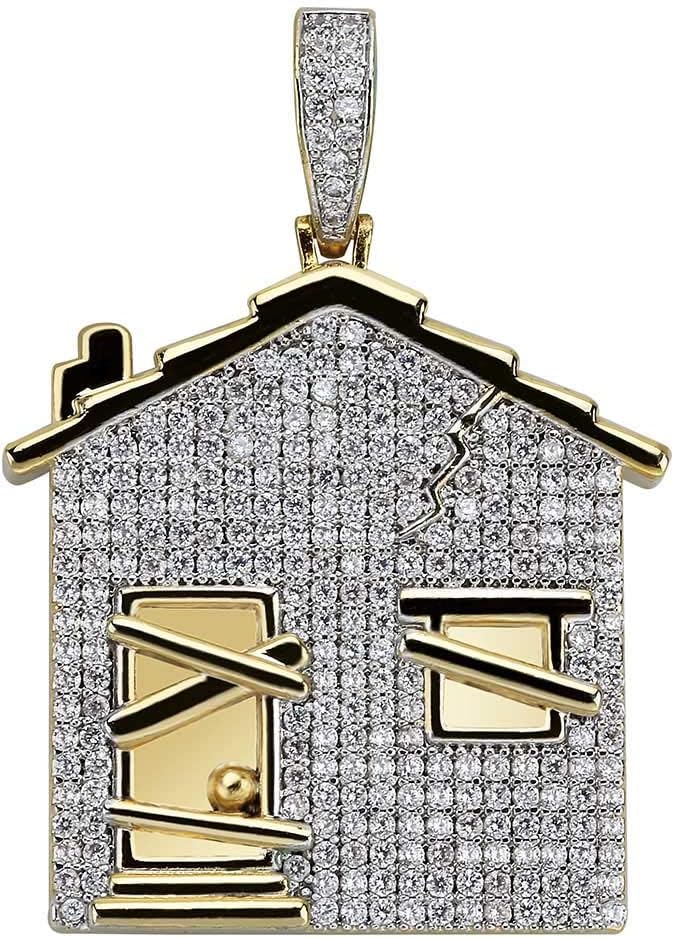 YOSZO Hip Hop Iced Out Trap House Pendant 14k Gold Plated Simulated Diamond Necklace with Rope Chain for Men