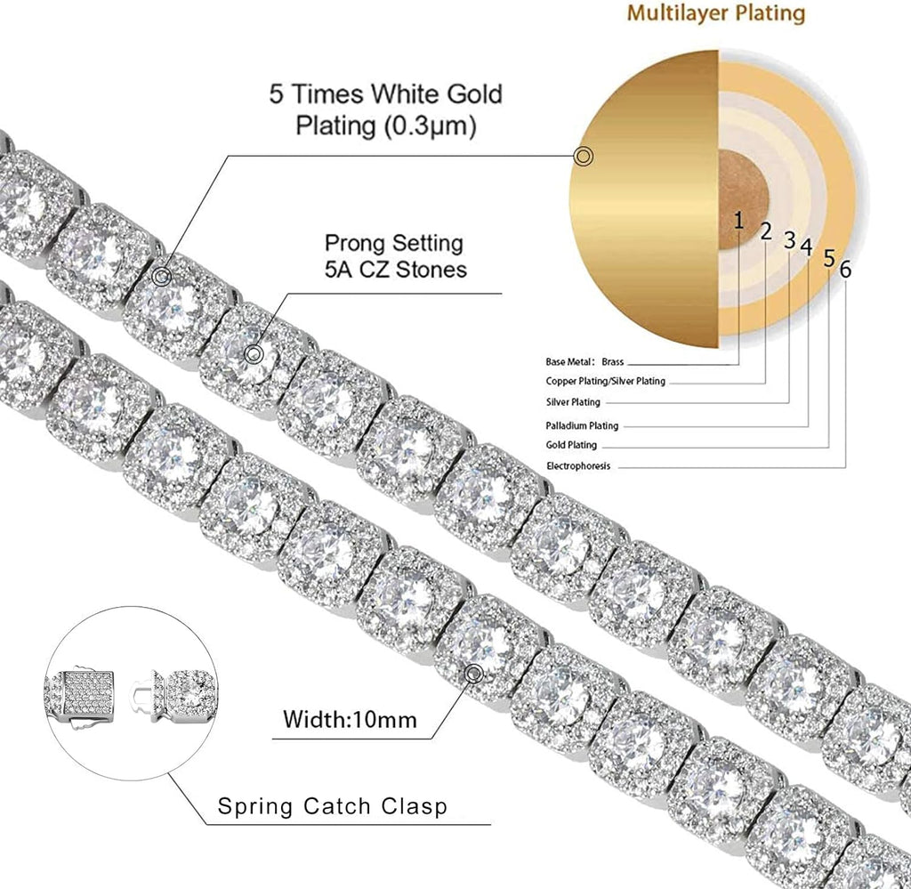 YOSZO 10MM 22/24inchTennis Chain Necklace 18k Gold Plated Iced out Jumbo Square Sparkling Cluster Cubic Zirconia Tennis Link Chains for Men Women