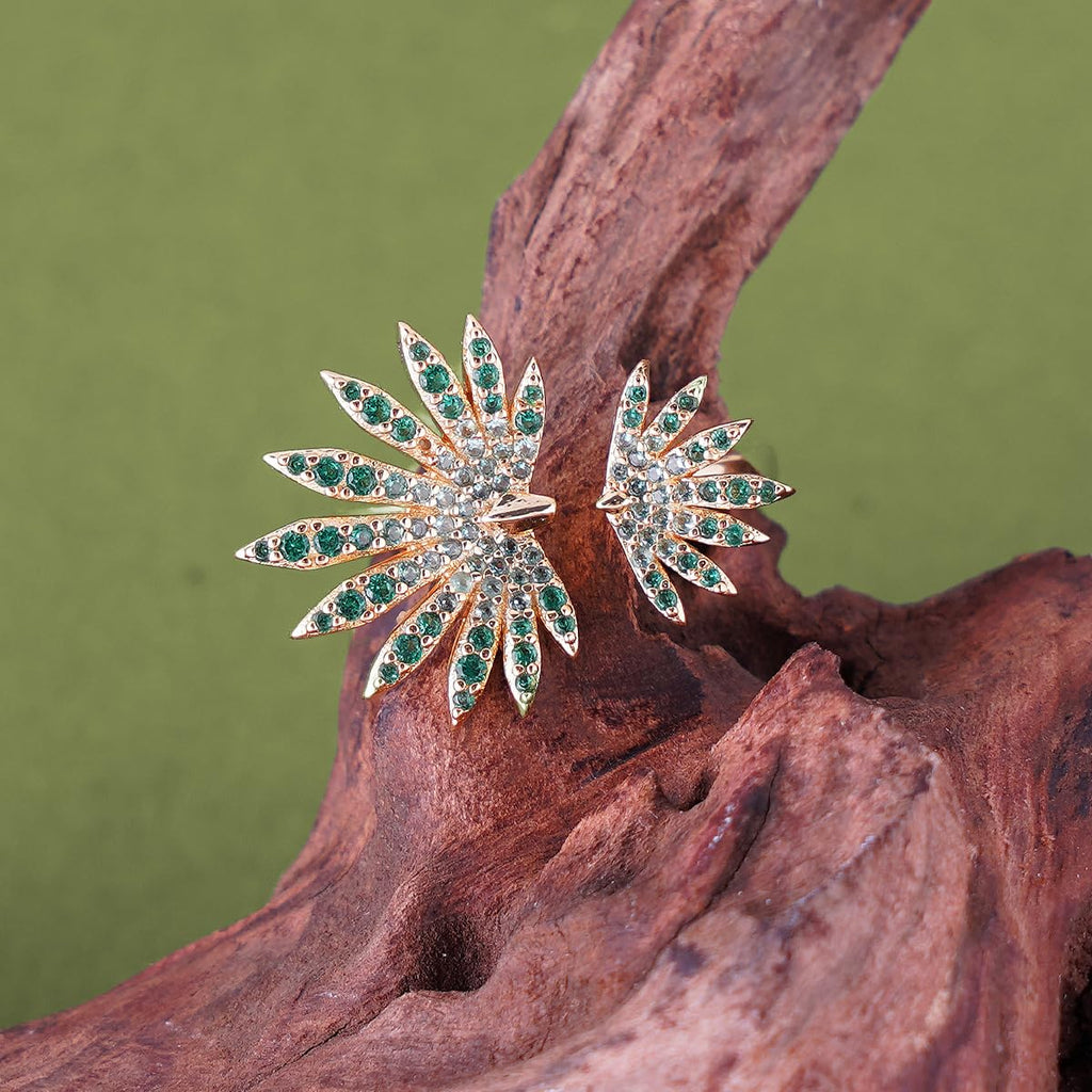 Open Ring for Women, 14K Gold Plated Sterling Silver Adjustable Green Zircon Ring, Nature Inspired Leaf Ring, Tropical Rainforest Collection, Elegant Stackable Jewelry Gift