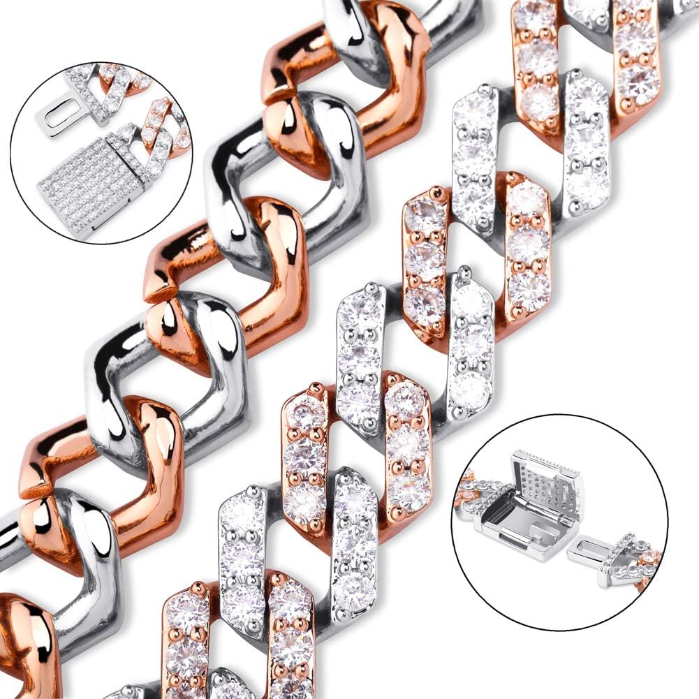 YOSZO 12mm 6 Times 14K Gold Plated Miami Cuban Link Chain Iced out Prong Setting Bling CZ Rapper Choker Chain Necklace for Women (Rose Gold&White Gold, 22)