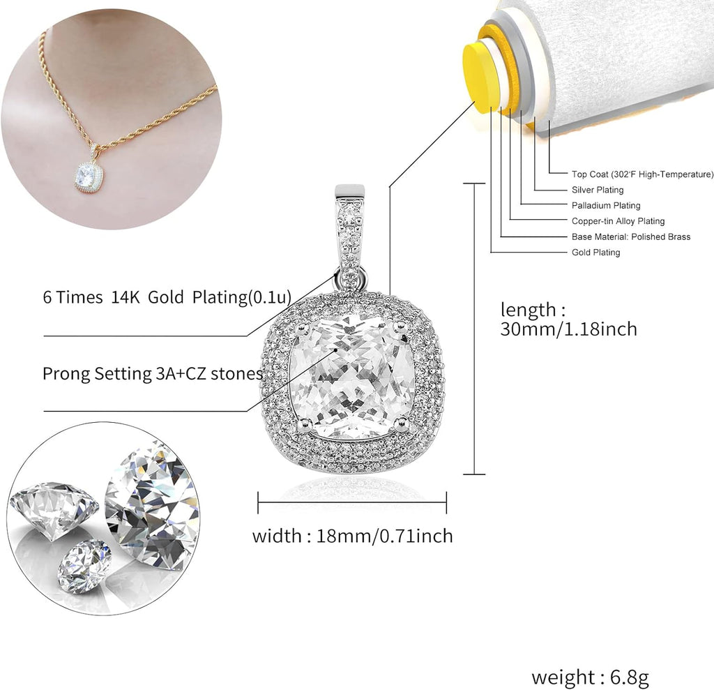 YOSZO Square Halo Cushion Shape Cubic Zirconia Cluster Iced Out Pendant 14K Gold Plated Necklace with Solitaire Princess Cut Lab Diamond Rope Chain For Women Men