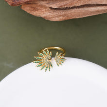 Load image into Gallery viewer, Open Ring for Women, 14K Gold Plated Sterling Silver Adjustable Green Zircon Ring, Nature Inspired Leaf Ring, Tropical Rainforest Collection, Elegant Stackable Jewelry Gift