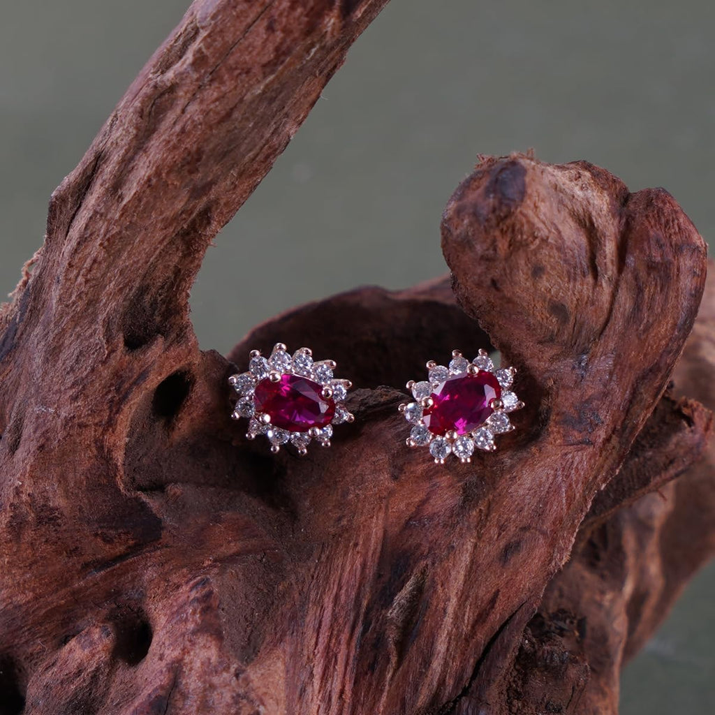 Vintage Halo Oval Stud Earrings for Women, 14K Rose Gold Plated 925 Sterling Silver with Ruby Gemstone & Zirconia, Elegant Gift for Her