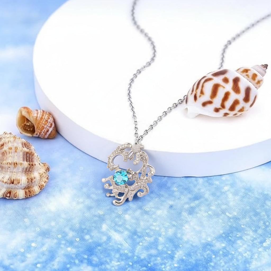 Light Blue Topaz Birthstone Necklace for Women, 925 Sterling Silver Wave Pendant with Cubic Zirconia, Adjustable 38+4cm Coastal Jewelry Gift, December Birthstone