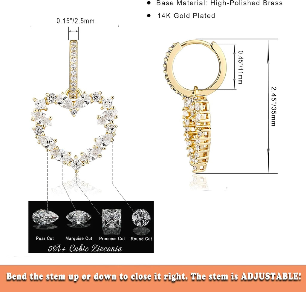 YOSZO Hollow Heart Dangle Huggie Earrings 14K Gold Plated Iced Out Princess Pear Marquise Round Lab Simulated Diamond Cubic Zirconia Dangle Drop Hoop Heart Earrings for Men Women Girls
