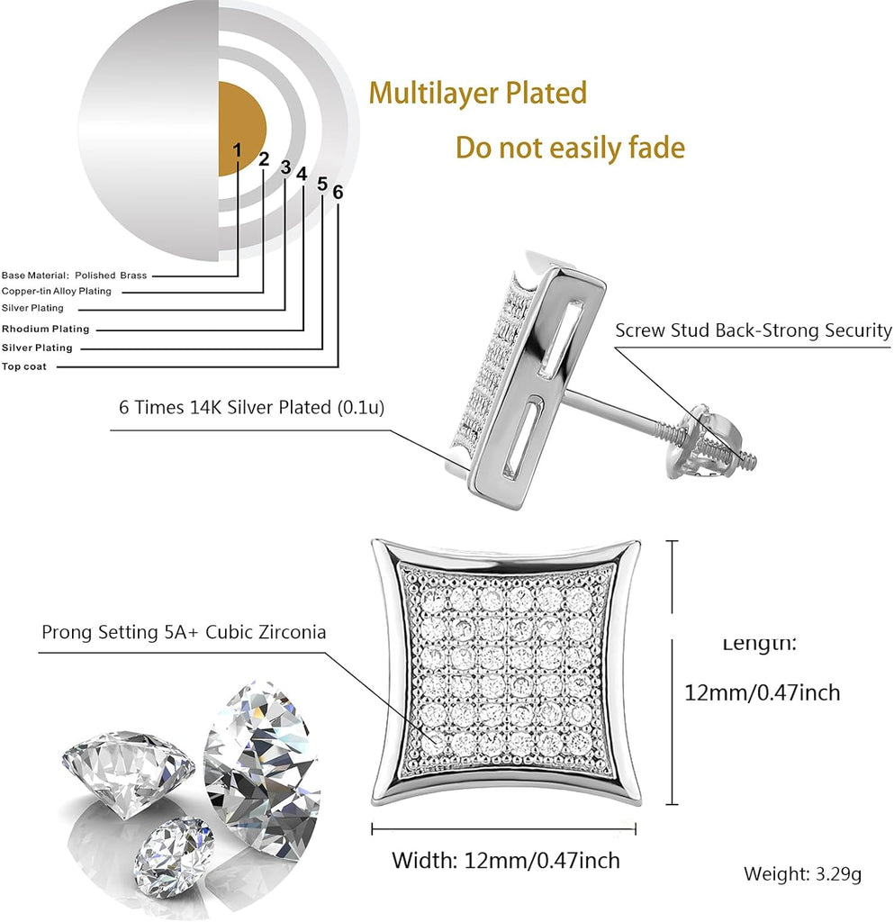 YOSZO Square Screw Stud Earrings 5A+ Corlorful Cubic Zirconia 14K Gold Sparkle Hypoallergenic Screw Stud Square Flat Earrings For Men Women