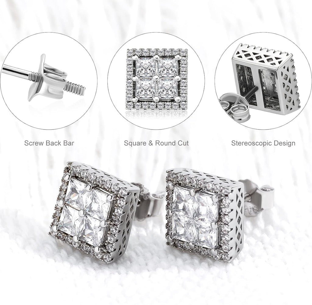 YOSZO Square Screw Stud Earrings For Men 5A+ Cubic Zirconia 925 Sterling Silver Screw Stud Back Square Flat Cartilage Hypoallergenic Stud Earrings