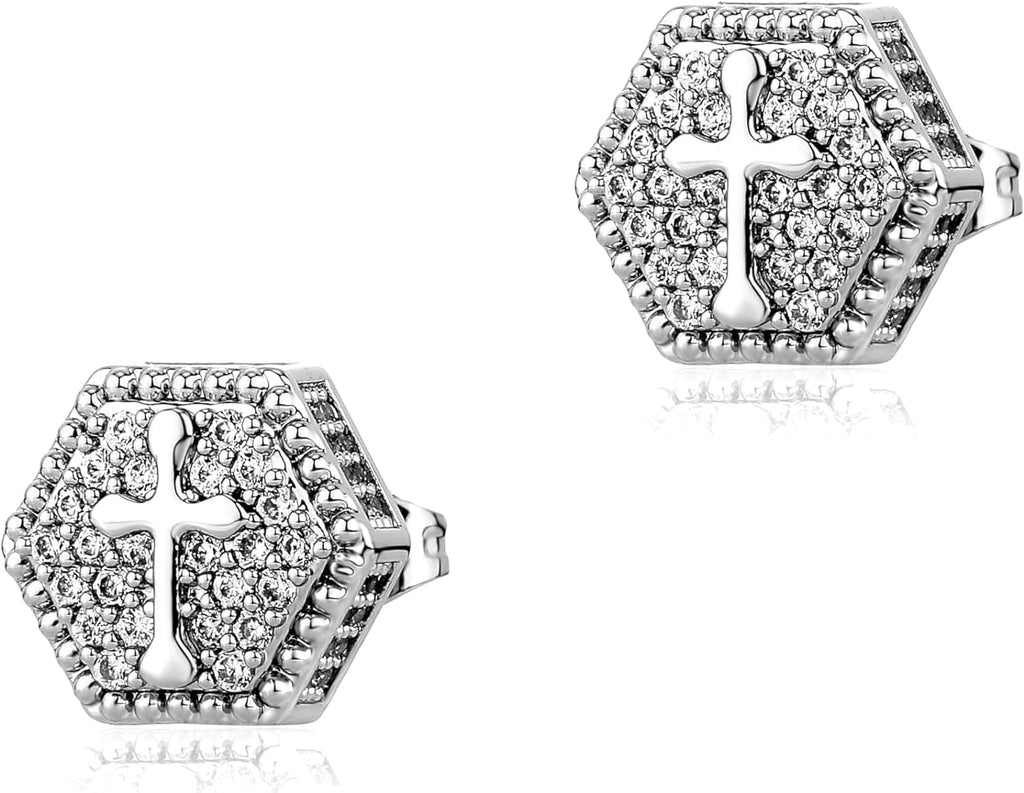 YOSZO Cross Square Stud Earrings 14K Gold Silver 5A+ Cubic Zirconia Iced Out Sparkle hypoallergenic Cartilage 925 Sterling Silver Square Flat Stud Cross Earrings For Men Women