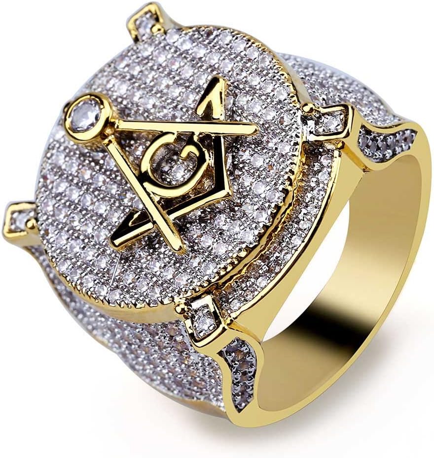 YOSZO Freemason Rings for Men Gold Masonic Ring Iced out Hip Hop 14K Gold Plated Punk Diamond Ring Rapper Costume